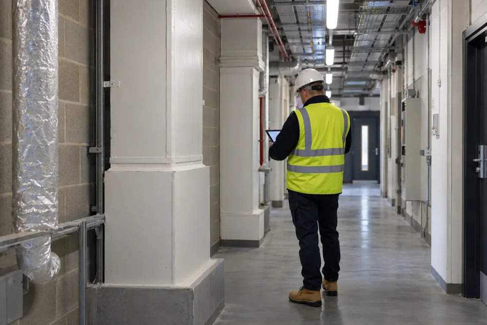 Surveyor visually inspecting a commercial service corridor