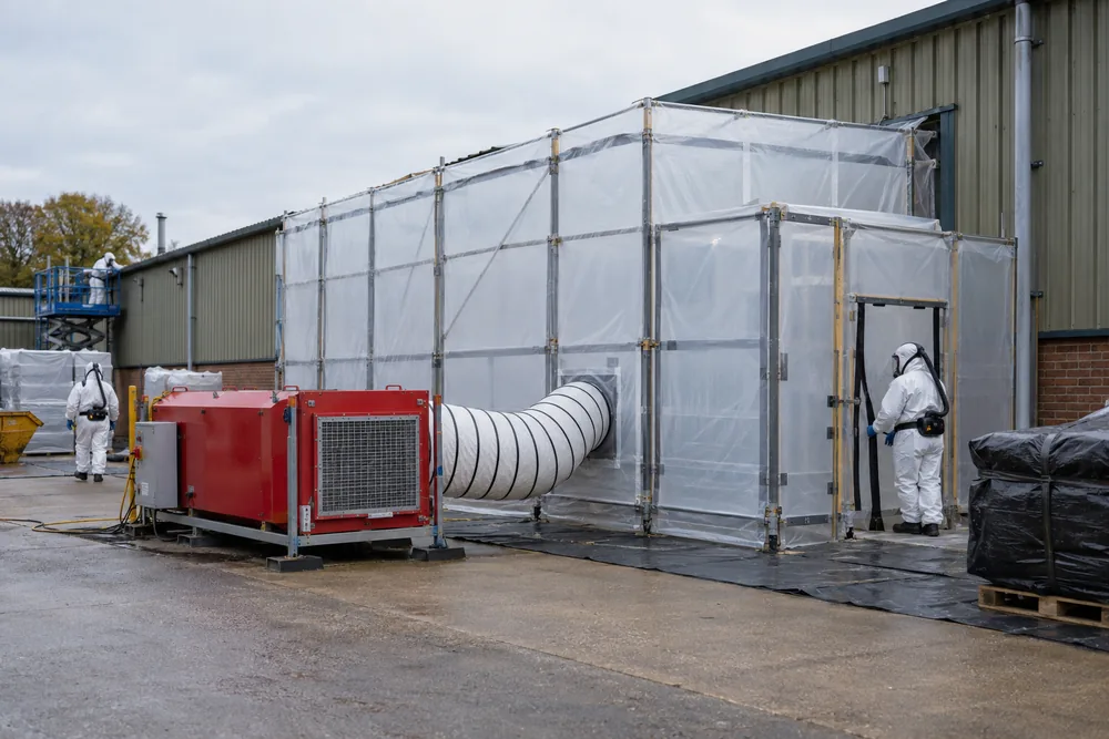 Contained industrial work area with protected workers and extraction equipment