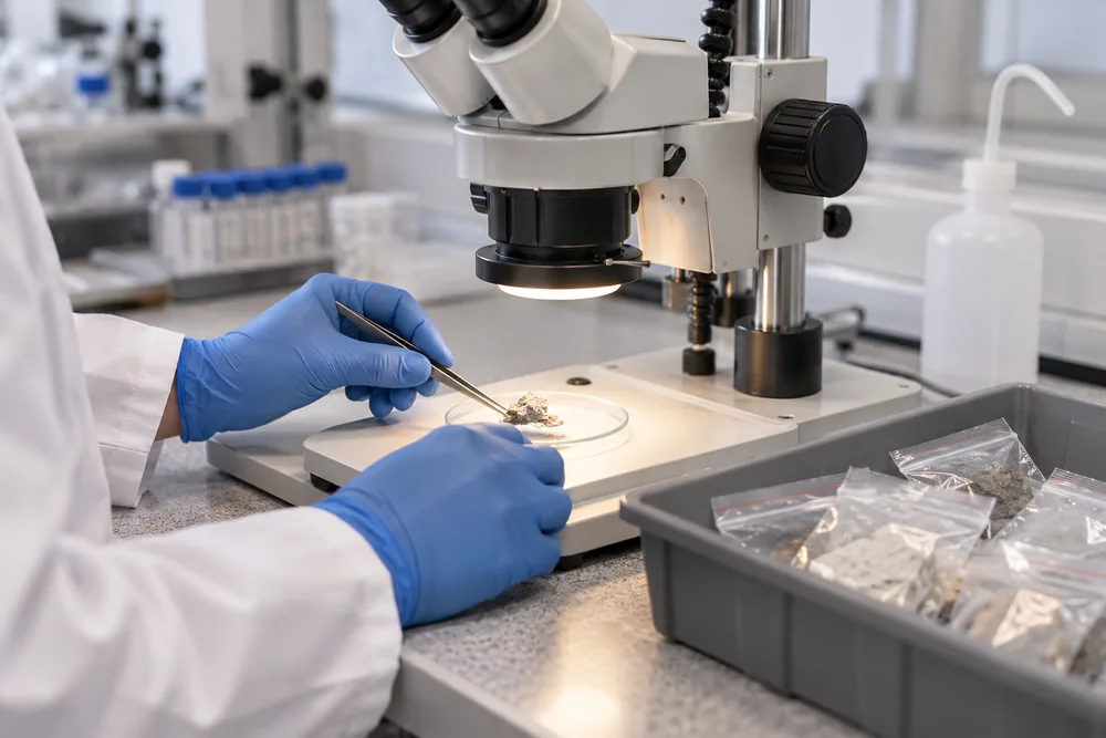 Microscope and sealed material samples on a laboratory workstation